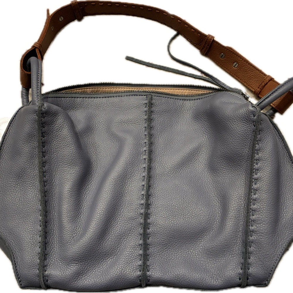 The Sak Gray Leather Shoulder Bag with Brown Strap